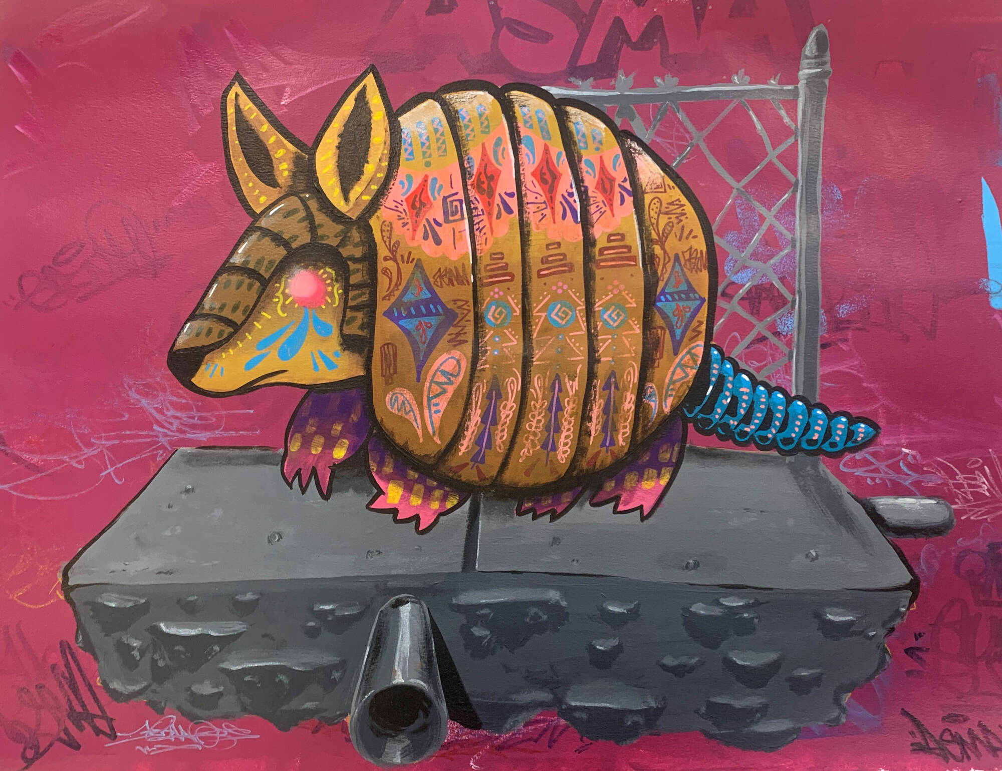 Acrylic painting of an armadillo on a detached concrete sidewalk with a pipe coming out and a chainlink fence.The armadillo has symbols painted on its body. Armadillo and objects are surrounded by magenta paint, with graffiti marks visible in some areas.